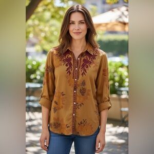The Nu Vintage Be Yourself Floral Pattern Embroidered Women's Top Brown Size L